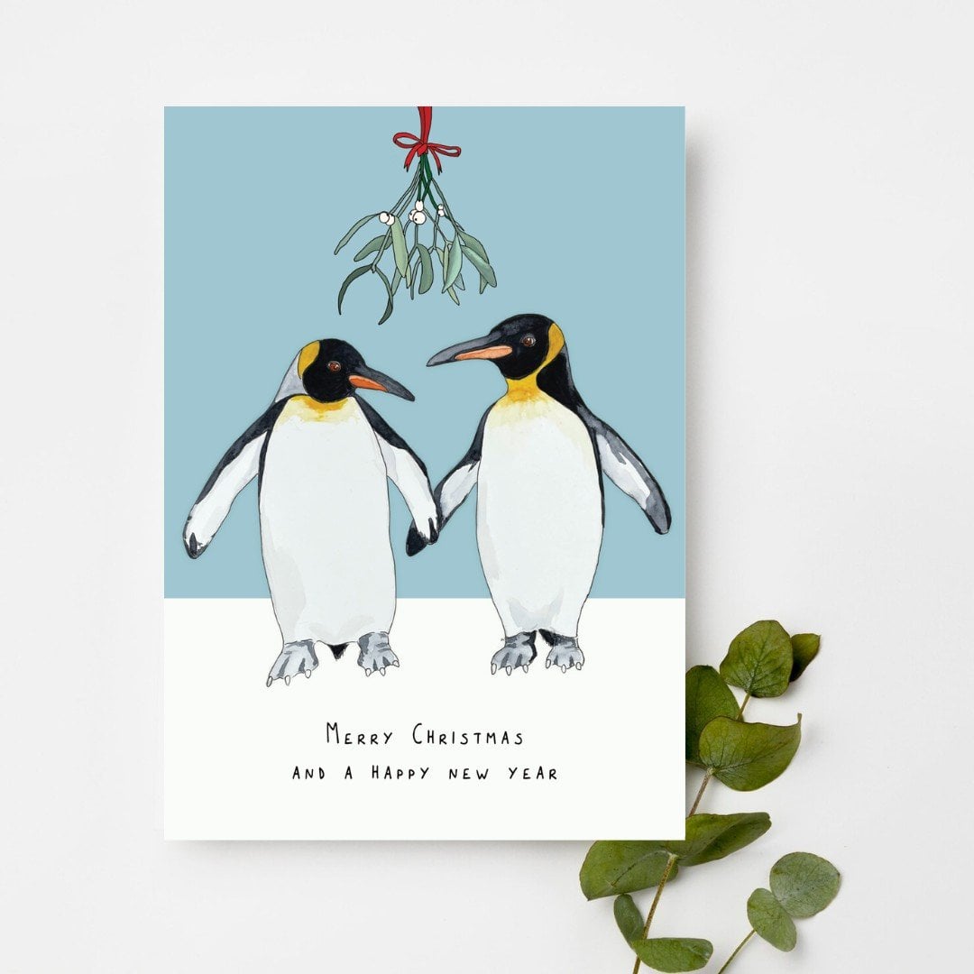 Kerstkaart Pinguins blauw – fineliner / aquarel - 101082 Kerstkaart Pinguins blauw – fineliner / aquarel