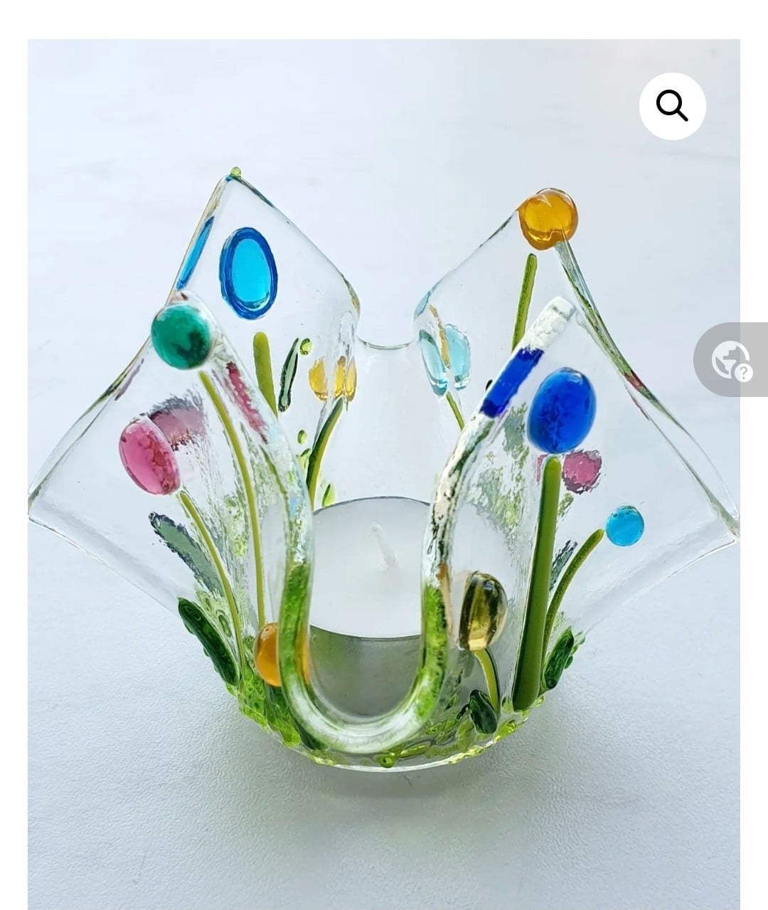 Handgemaakte Waxinelicht houder van glas met kleurrijke bloemen