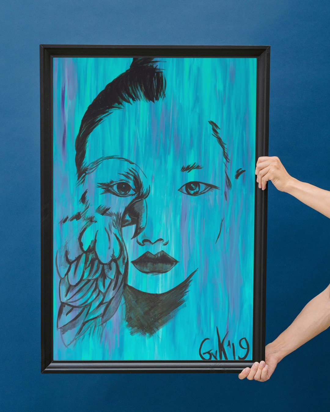 Kunst print, Eco materiaal, Handgemaakt, Uniek stuk! = Missy Bird (poster, blauw, verschillende maken)