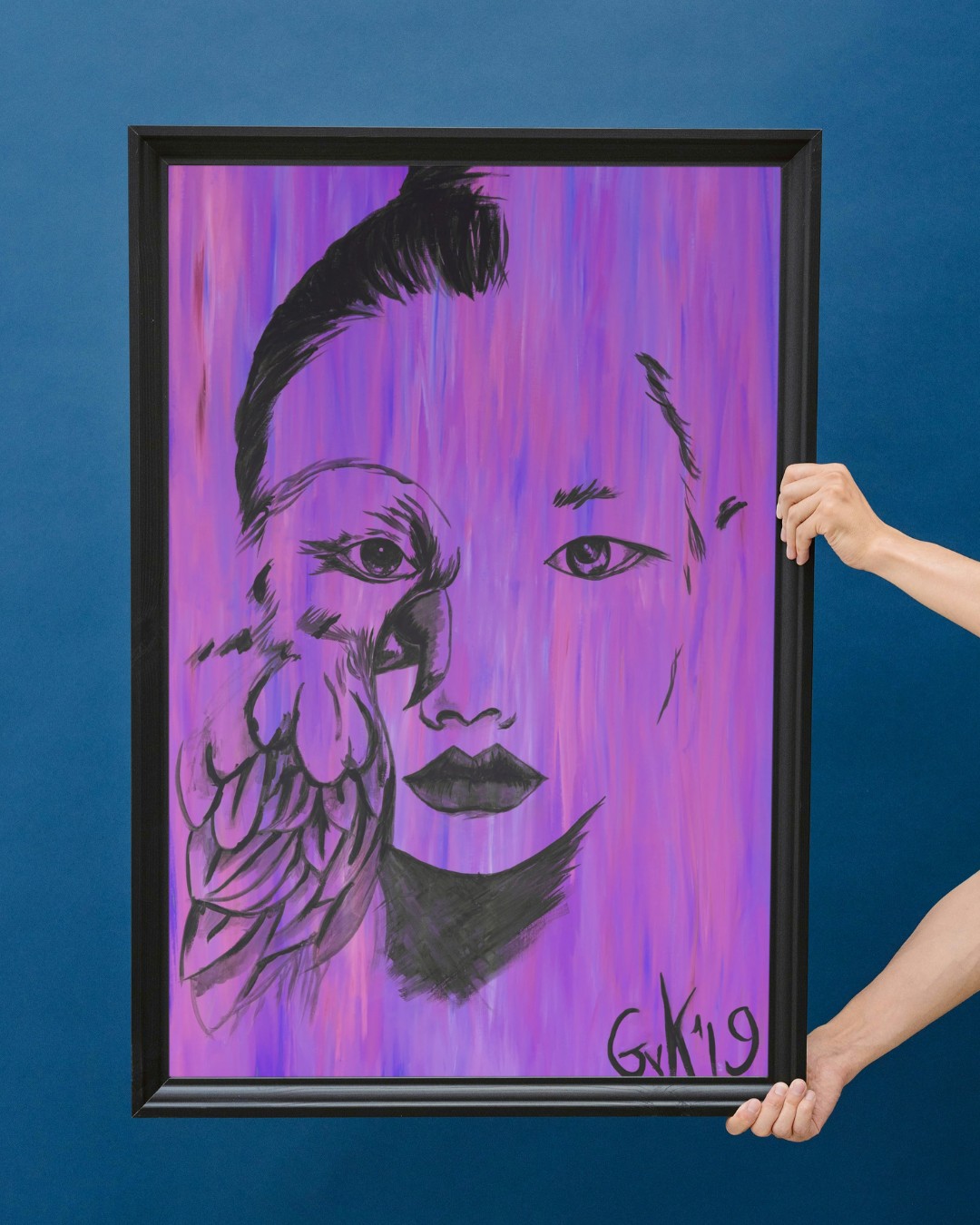 Kunst canvas print, Eco materiaal, Uniek stuk! = Missy Bird (paars, 70x100)