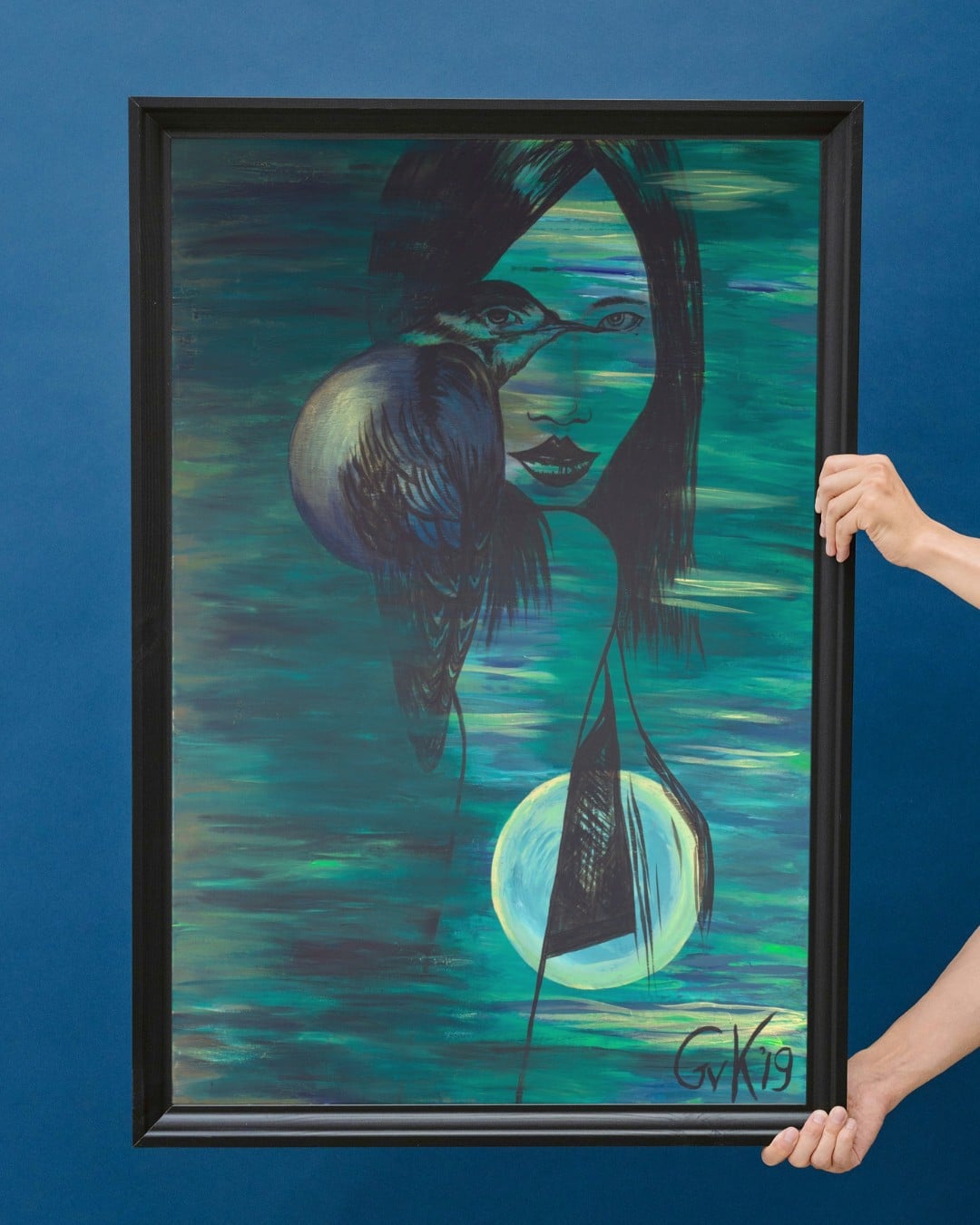 Kunst canvas print, Eco materiaal, Uniek stuk! = Missy Bird (Blauw-Aqua, 70x100)