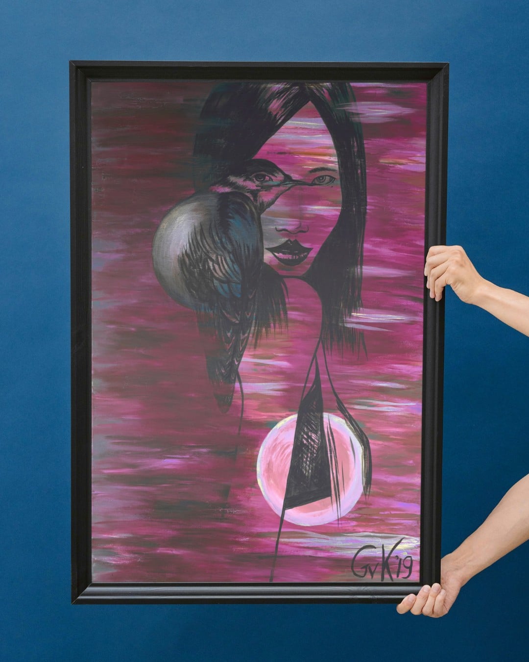 Kunst print, Eco materiaal, Handgemaakt, Uniek stuk! = Missy Bird (po… - 91043 Kunst canvas print, Eco materiaal, Uniek stuk! = Missy Bird (roze-rood, 70x100)