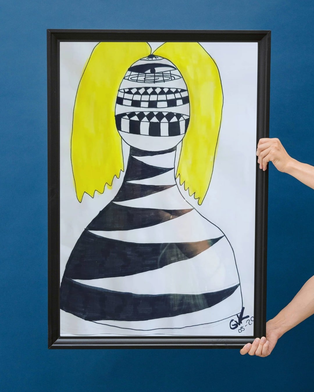 Kunst print, Eco materiaal, Handgemaakt, Uniek stuk! = Pion (poster, geel-zwart-wit, verschillende maten)