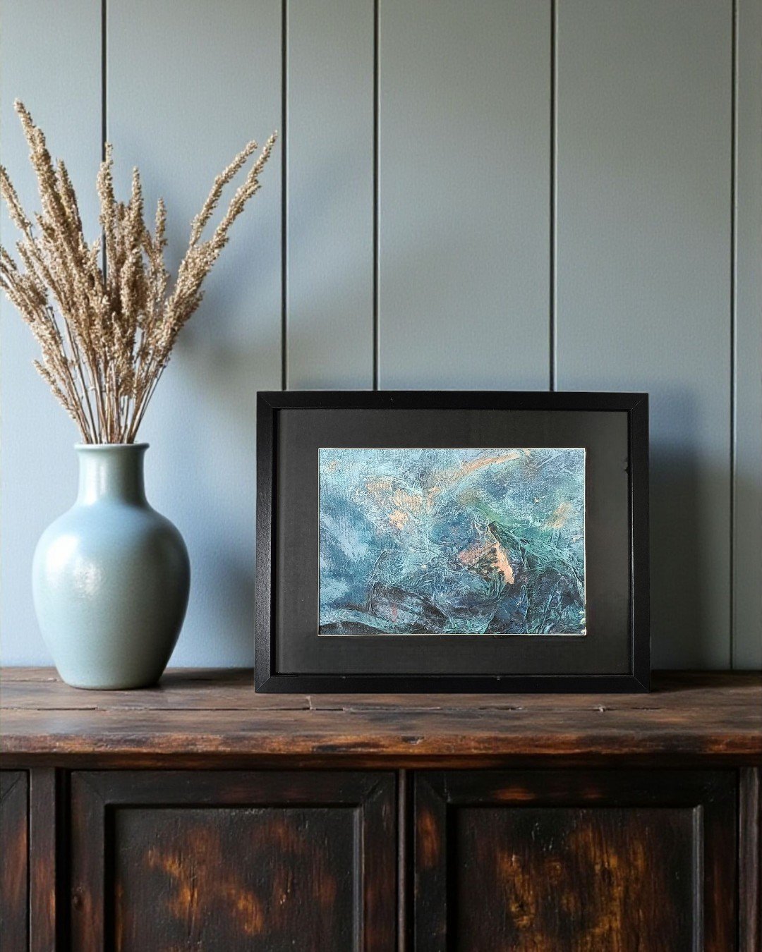 Abstract schilderij - ocean breeze - blauw goud met passe partout - 97615 Abstract schilderij - ocean breeze - blauw goud met passe partout