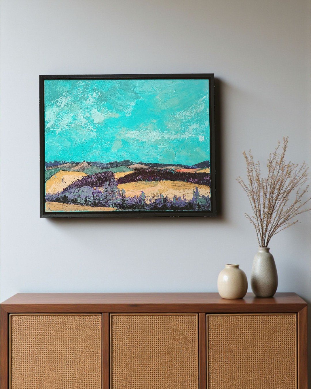 Landschap schilderij - mixed media - geel blauw - 97606 Landschap schilderij - mixed media - geel blauw