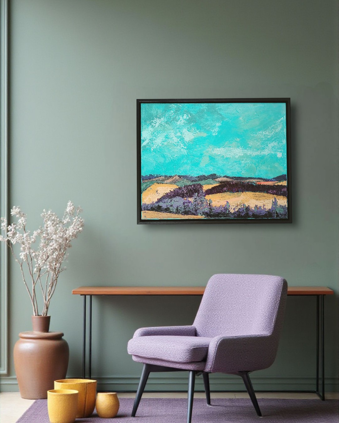 Landschap schilderij - mixed media - geel blauw - 97607 Landschap schilderij - mixed media - geel blauw