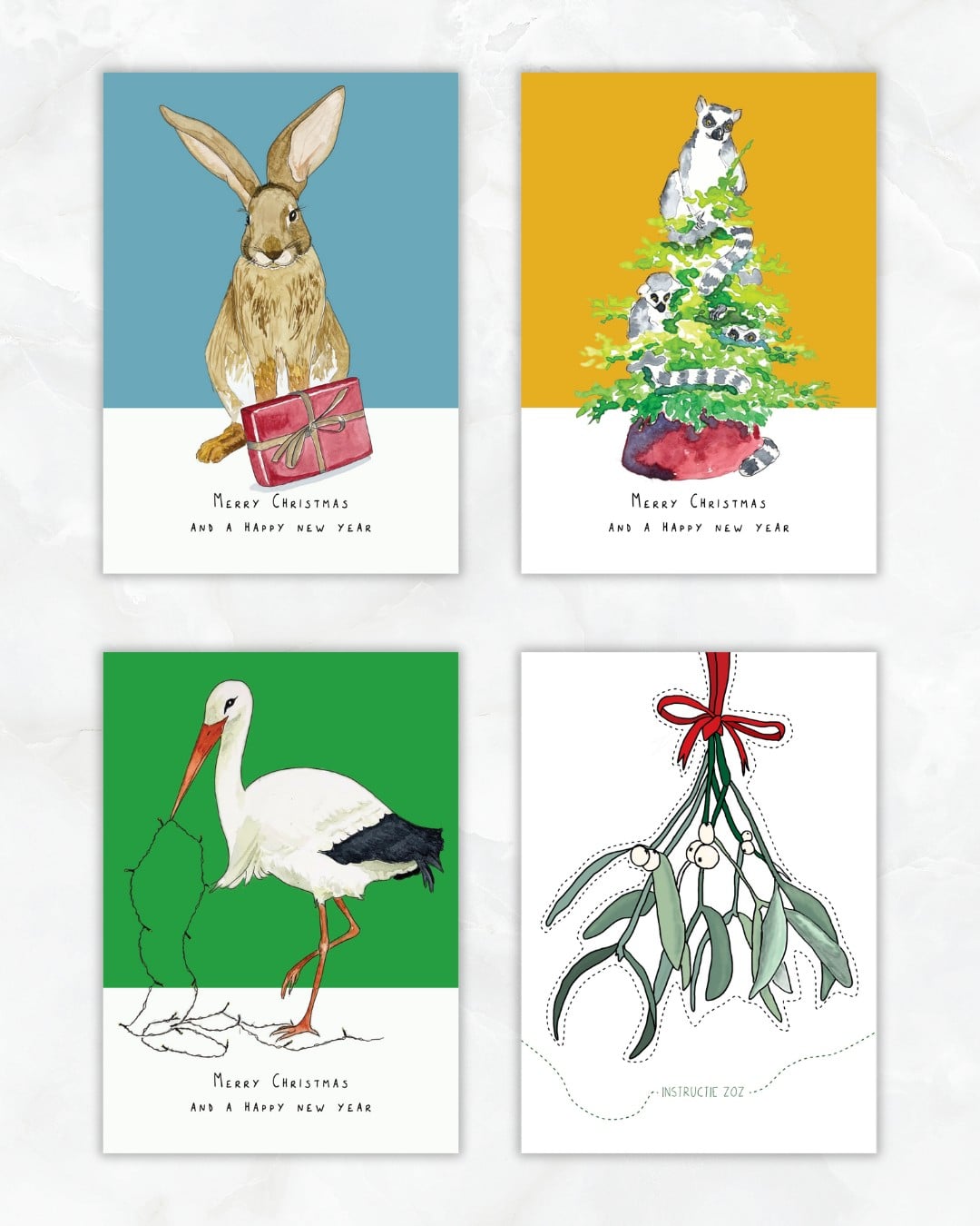 Kerstkaart Maki's geel – fineliner / aquarel