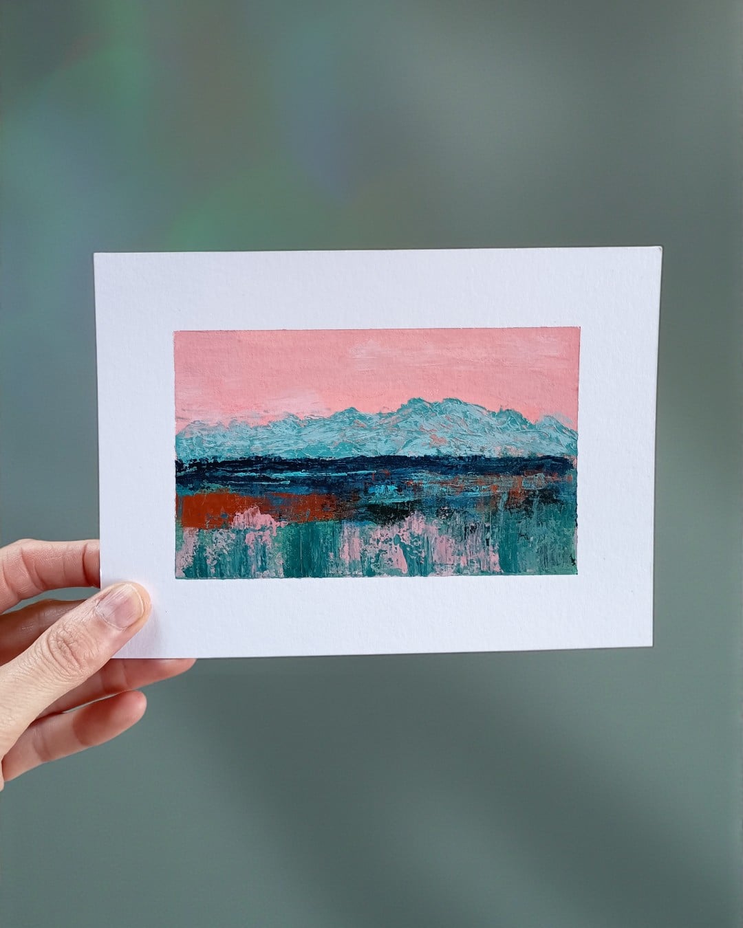 Mini landschap - petrol/roze/koper - 13 x 18