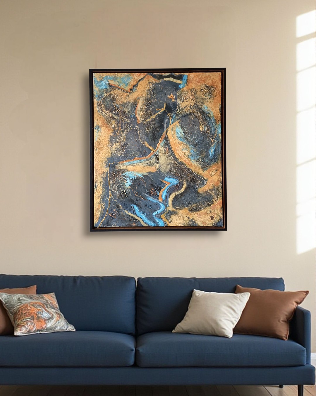 Abstract mixed media schilderij - blauw geel