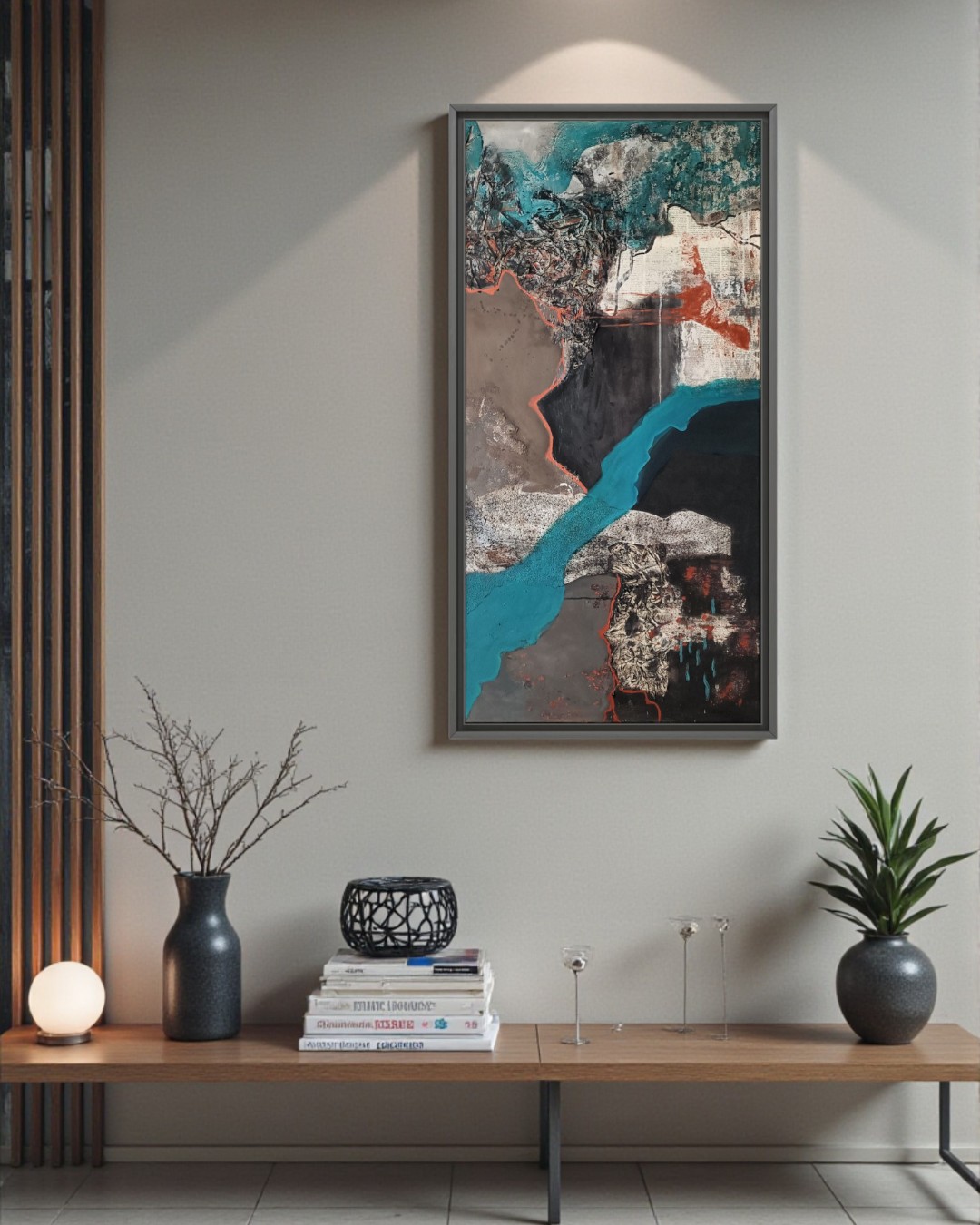 Mixed media abstract schilderij - petrol bruin