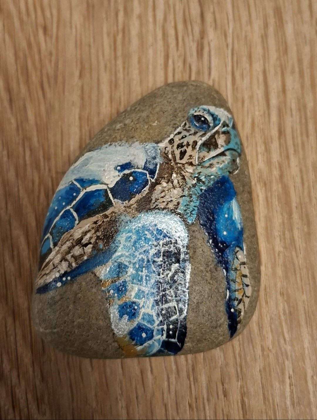 Schilderij met titel: Diep in de zee! Zeeschildpad geschilderd op natuur steen, met acrylverf behandeld voor binnen en buiten