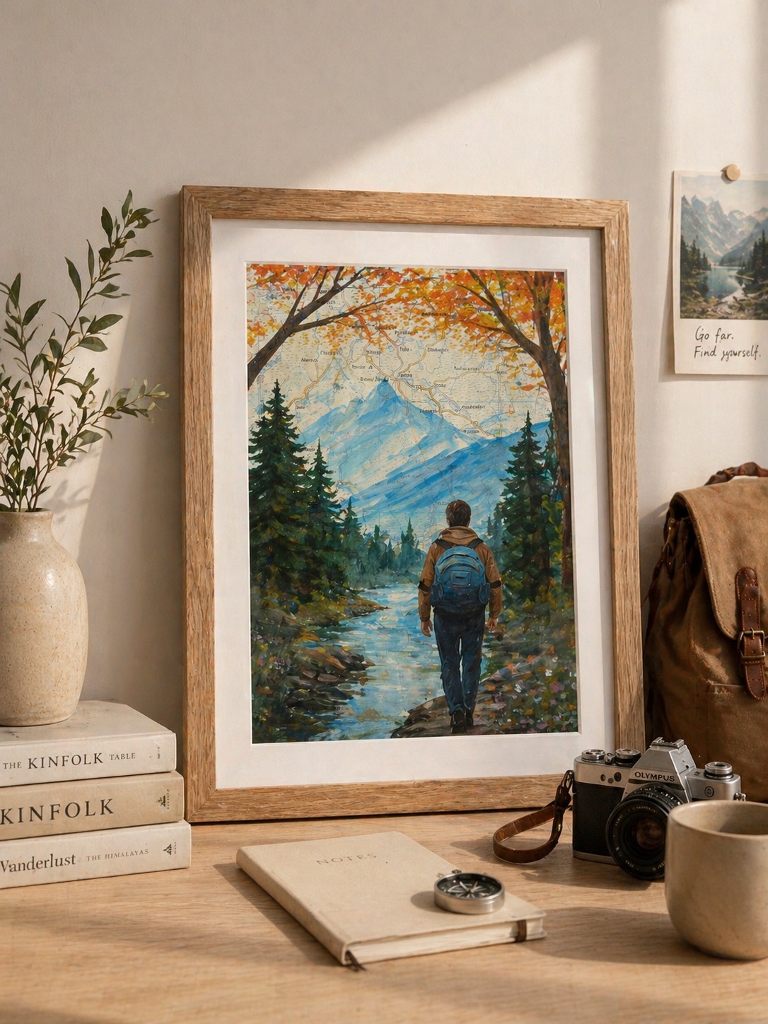 Handgeschilderd kunstwerk op kaart – Into the Forest – landschap met wandelaar, ingelijst (23 x 33 cm)