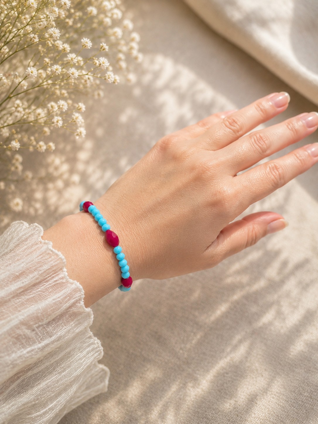 Blauwe en rode glass armband/oorbellen set - 134620 Blauwe en rode glass armband/oorbellen set