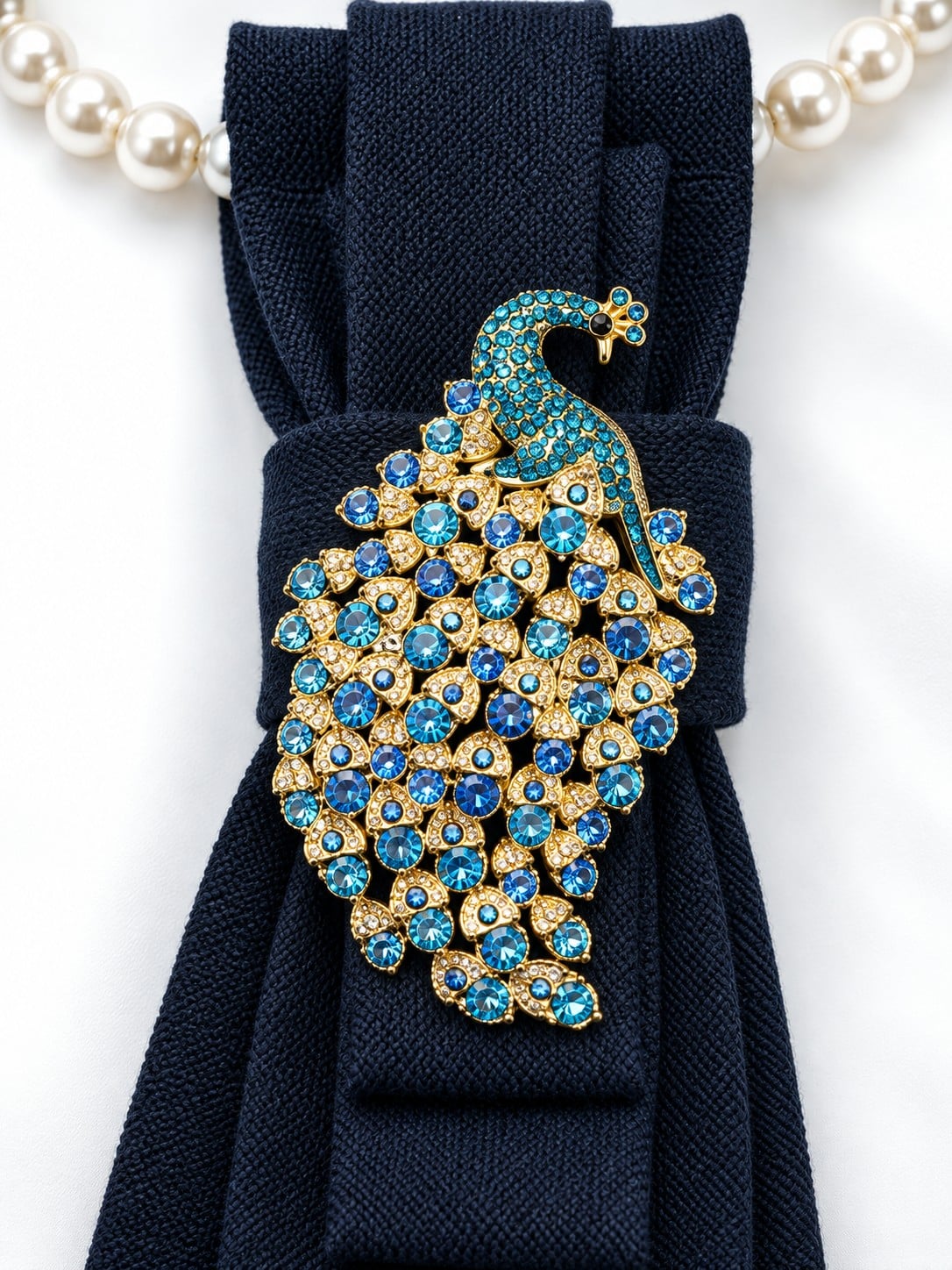 Handgemaakte stropdas kettingblauw met pauw broche – statement sier… - 152038 Handgemaakte stropdas kettingblauw met pauw broche – statement sieraad