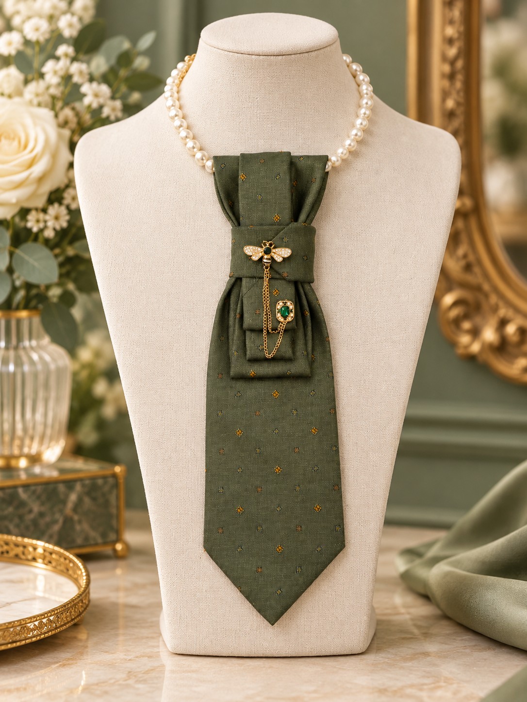 Unieke handgemaakte stropdasketting groen met vlieg | Statement tie n… - 151963 Unieke handgemaakte stropdasketting groen met vlieg | Statement tie necklace | Upcycled tie jewelry
