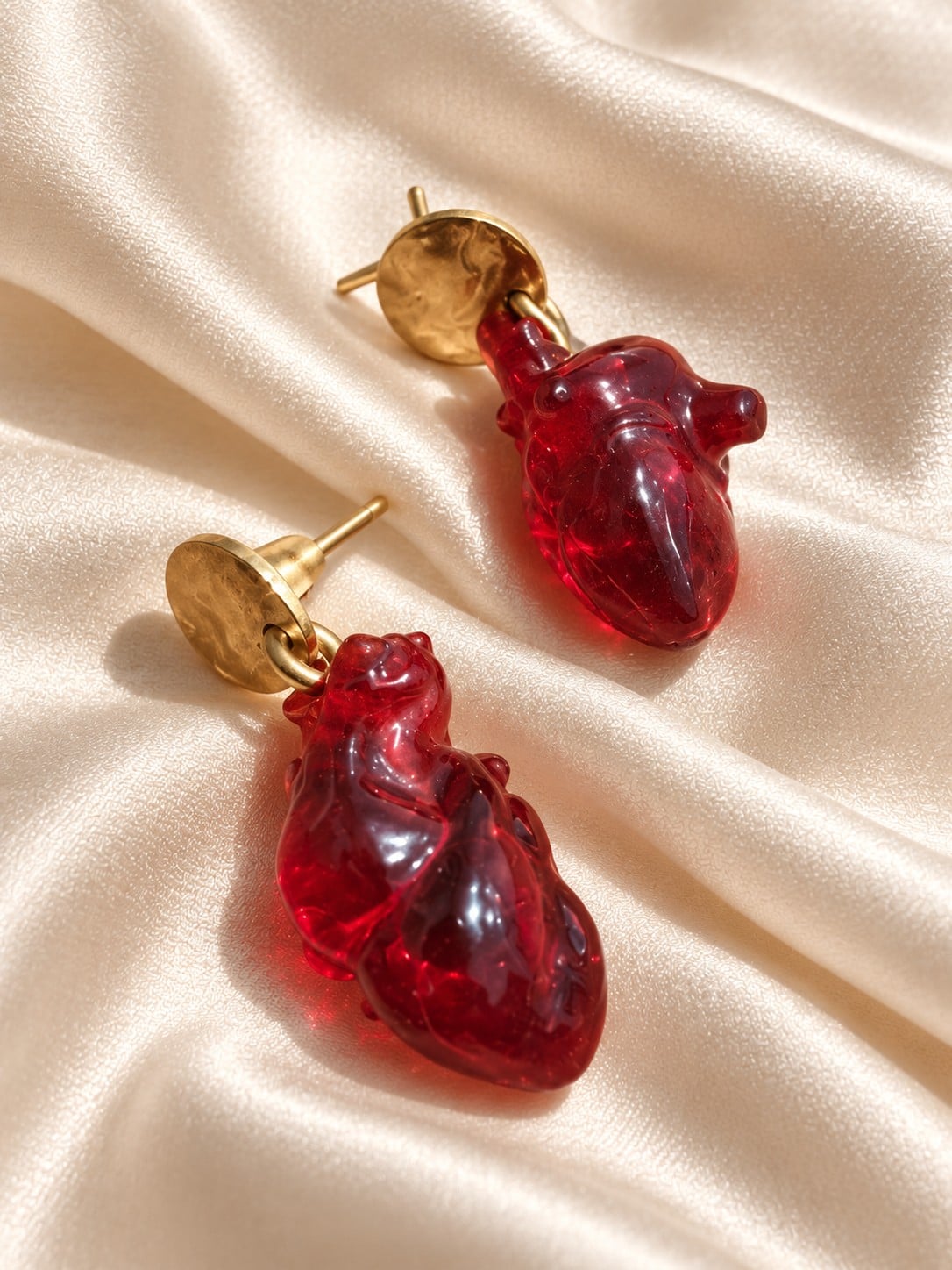 Goudkleurige ketting en oorbellen met rode hartjes - 155869 Goudkleurige ketting en oorbellen met rode hartjes