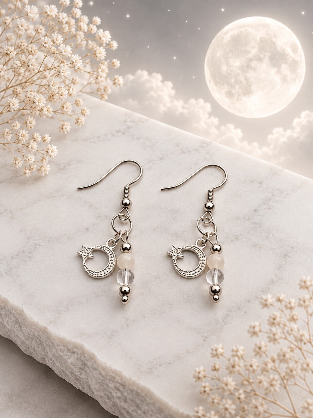 Lunar Light oorbellen met haakjes – Bergkristal & Ijsbloem Agaat