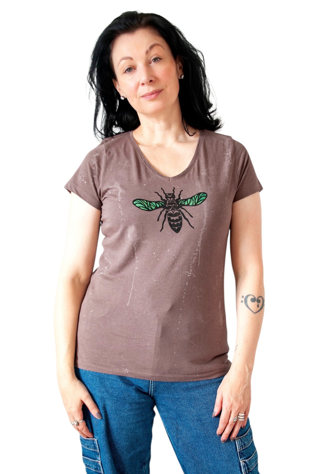 Hand Bedrukt Dames T-shirt, Bruin, Geometrisch Insect - 148919 Hand Bedrukt Dames T-shirt, Bruin, Geometrisch Insect