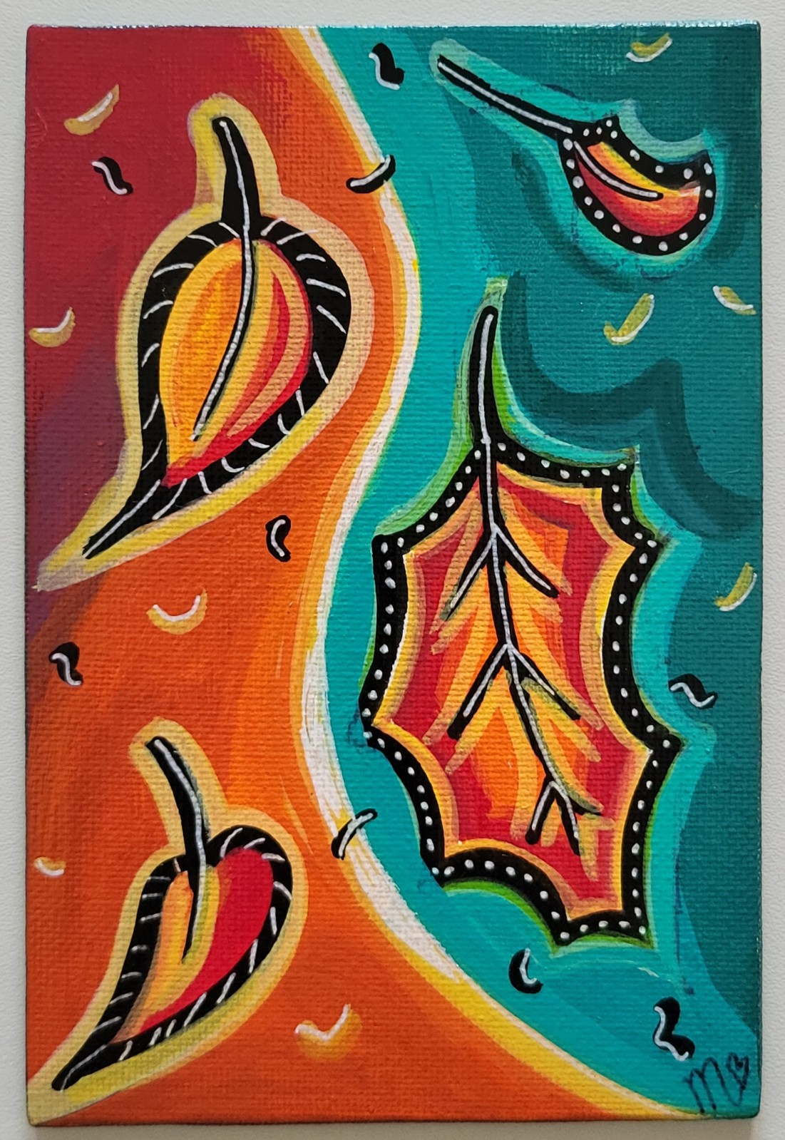 Canvasje 'Vallende herfstbladeren' Origineel acrylschilderij 10x15