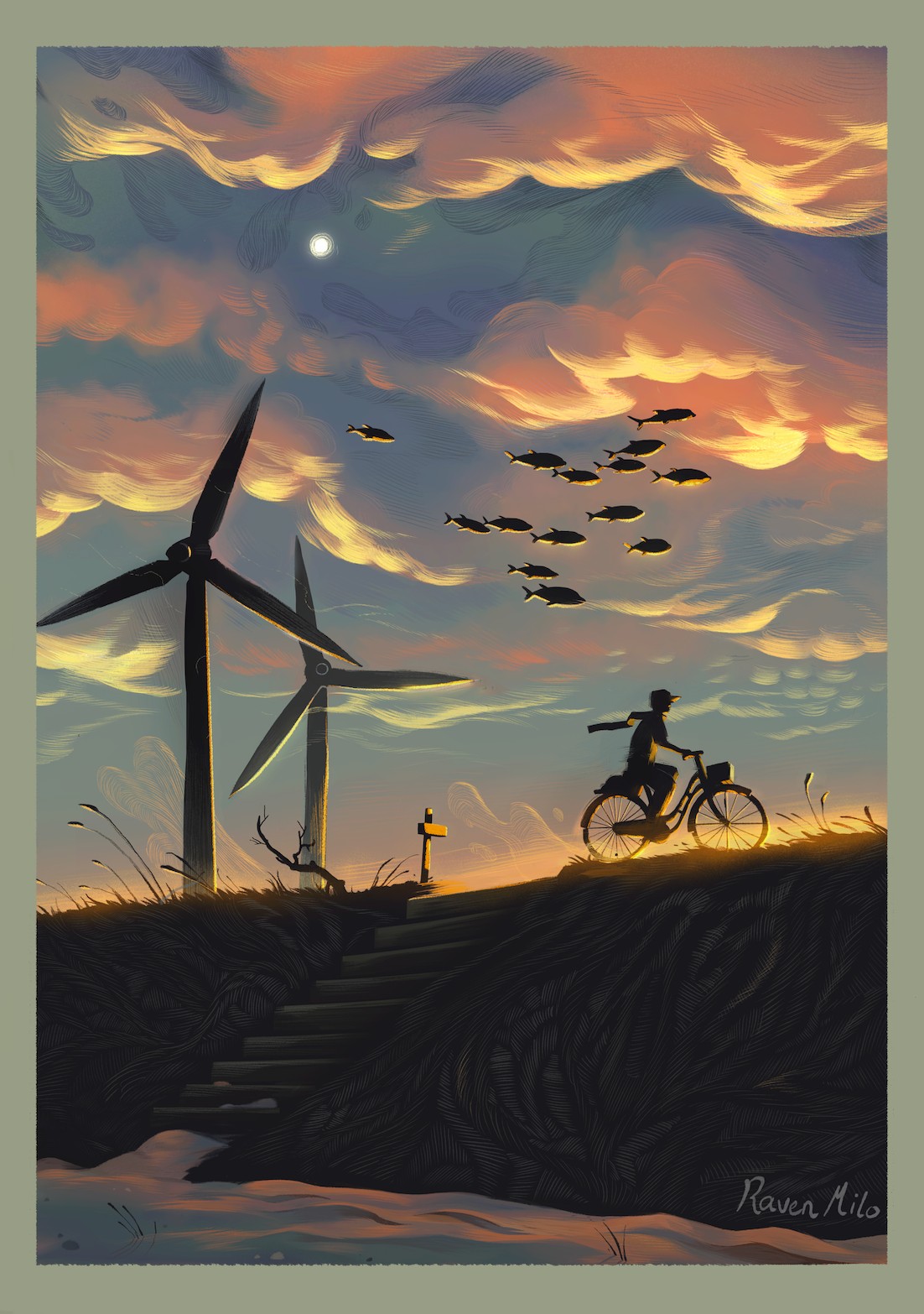 Kunstprint van dijk bij zonsondergang, Illustratie wanddecoratie op mat fine-art papier