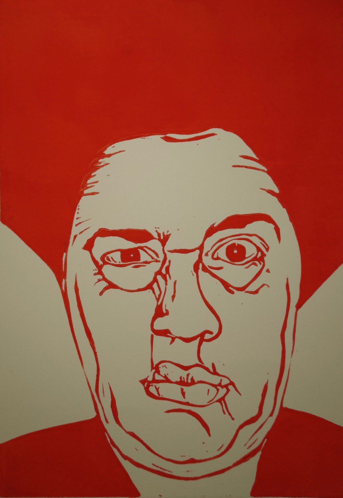 Linoprint ‘What!’ – gesigneerd A4 vrouwenportret in signaaloranje op ivoorpapier