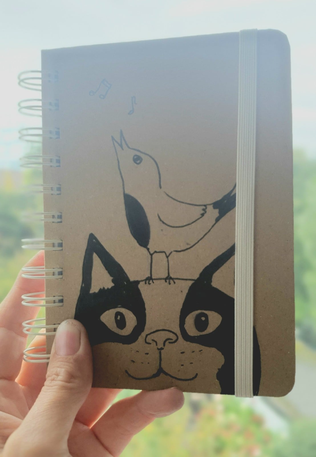 handgemaakt dagboek notitieboekje, kat met vogel gelinieerd, met originele kattentekening (geen print)