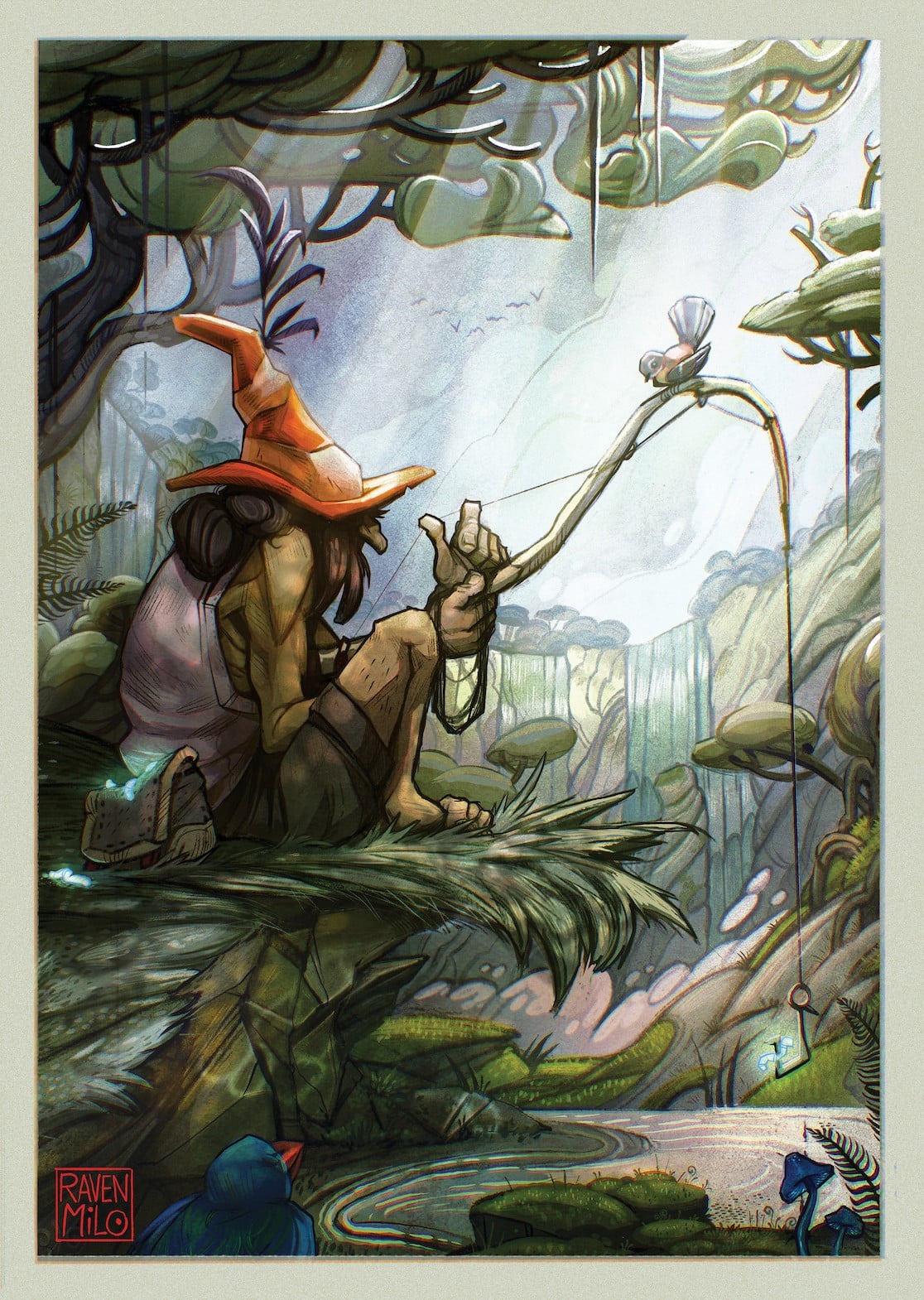 Kunstprint van visser uit Nieuw Zeeland, Illustratie wanddecoratie op mat fine-art papier