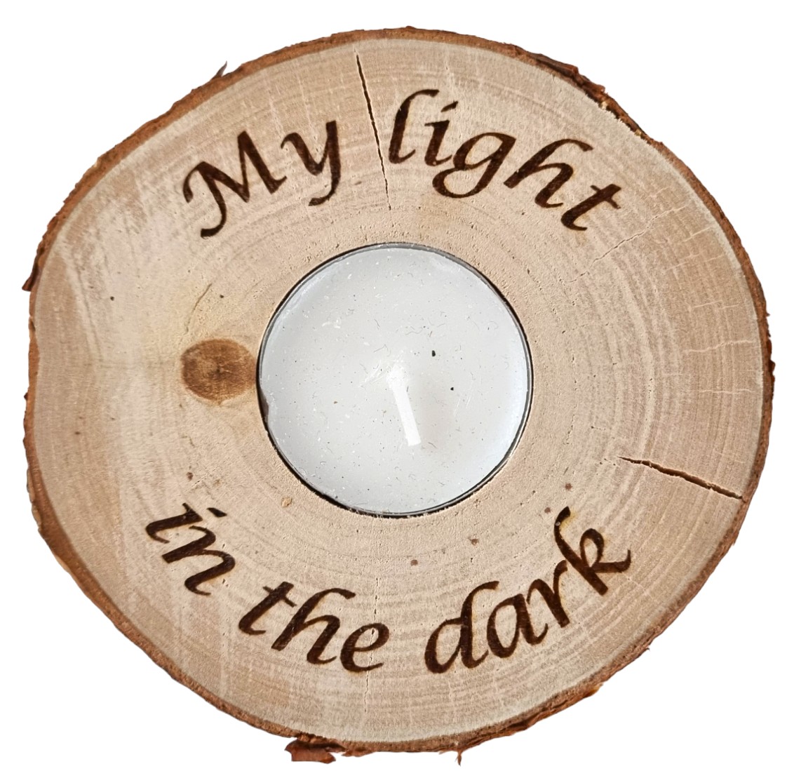 Berken kandelaar met tekst "My light in the dark" - 105158 Berken kandelaar met tekst "My light in the dark"