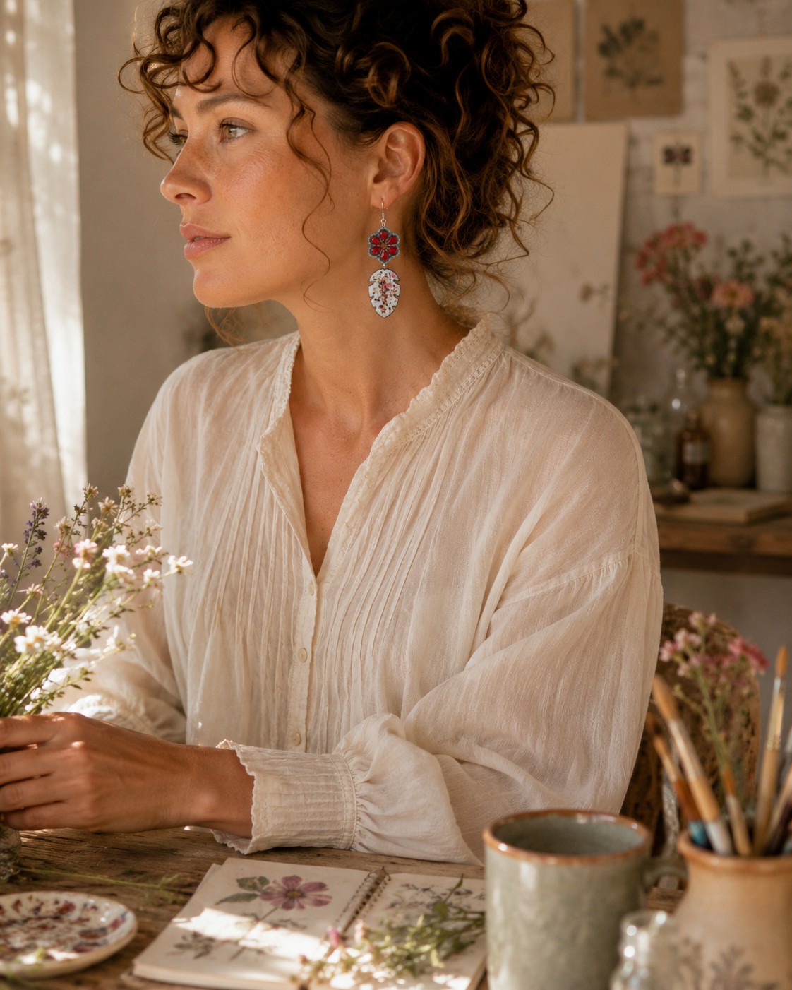 Botanish & Romantisch, folk oorbellen met enamel bladeren