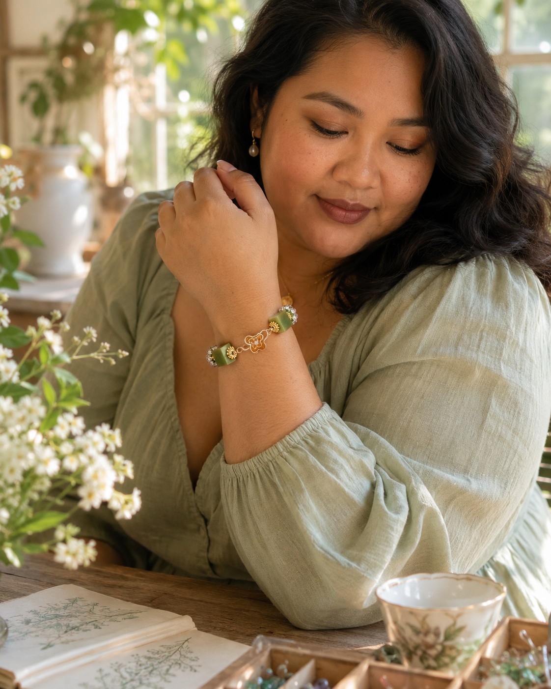 Zachtgroen & Cottagecore, wire wrapped armband met giethars en gekraalde kralen