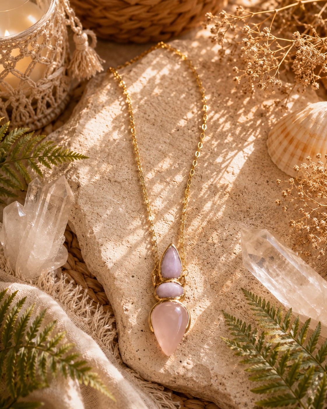 Ketting met kunziet en rozenkwarts - 142386 Ketting met kunziet en rozenkwarts
