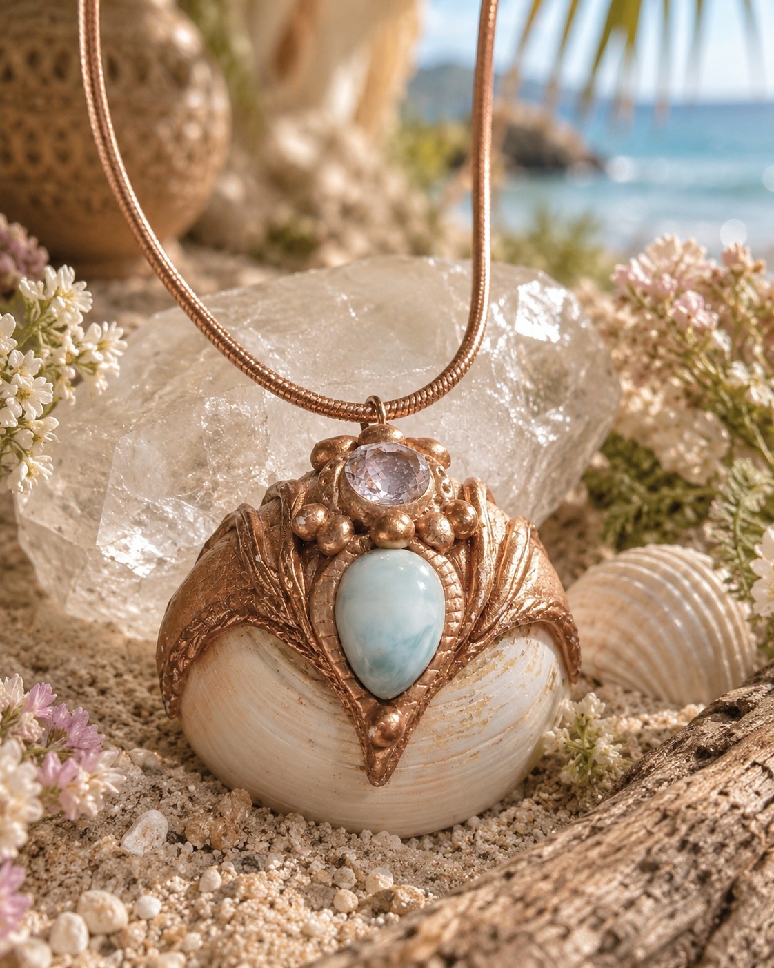 RVS slangenketting met hanger van schelp met Larimar en kristal - 143541 RVS slangenketting met hanger van schelp met Larimar en kristal