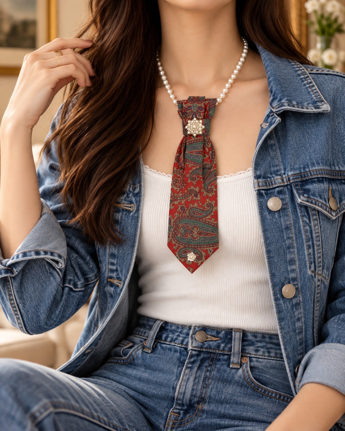 Handgemaakte stropdas ketting rood met parels broche – statement si… - 151967 Handgemaakte stropdas ketting rood met parels broche – statement sieraad