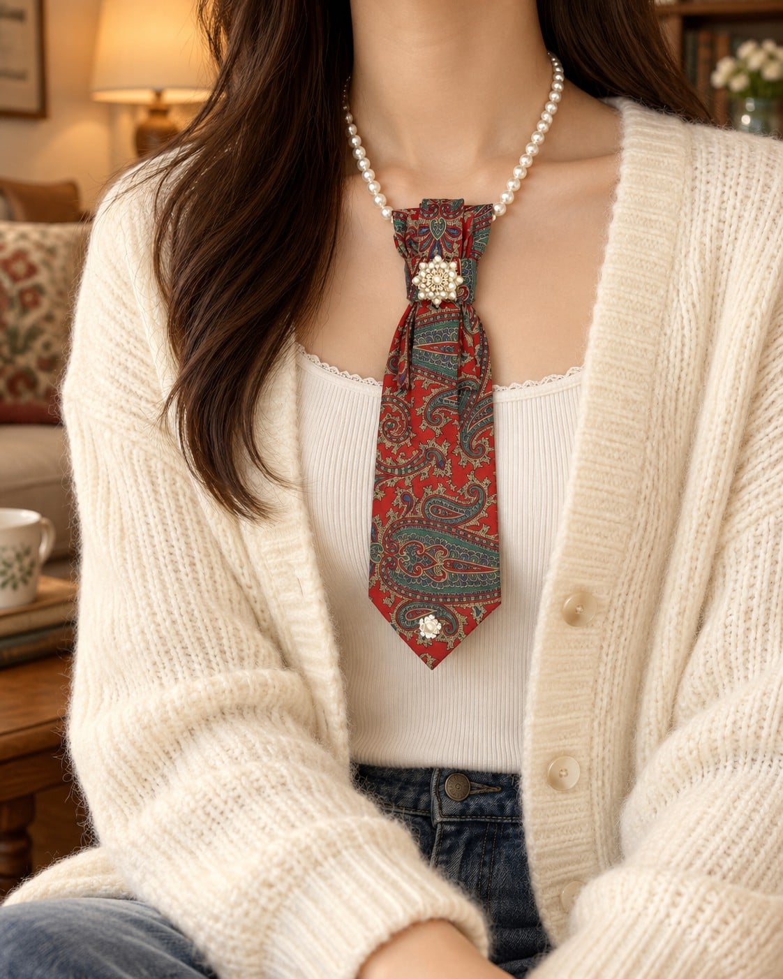 Handgemaakte stropdas ketting rood met parels broche – statement si… - 151968 Handgemaakte stropdas ketting rood met parels broche – statement sieraad
