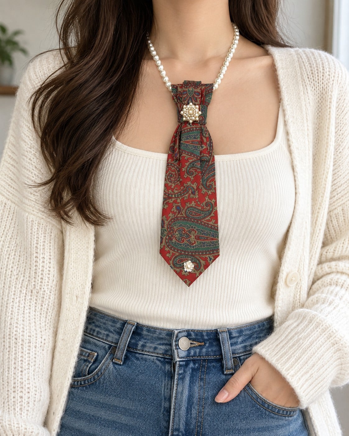 Handgemaakte stropdas ketting rood met parels broche – statement si… - 151969 Handgemaakte stropdas ketting rood met parels broche – statement sieraad