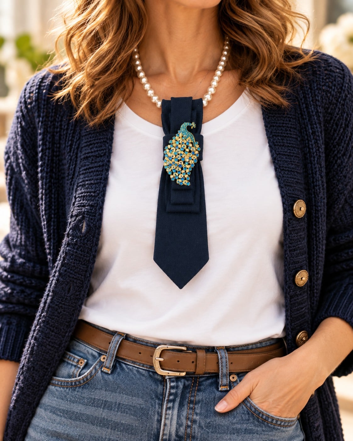 Handgemaakte stropdas kettingblauw met pauw broche – statement sier… - 152037 Handgemaakte stropdas kettingblauw met pauw broche – statement sieraad