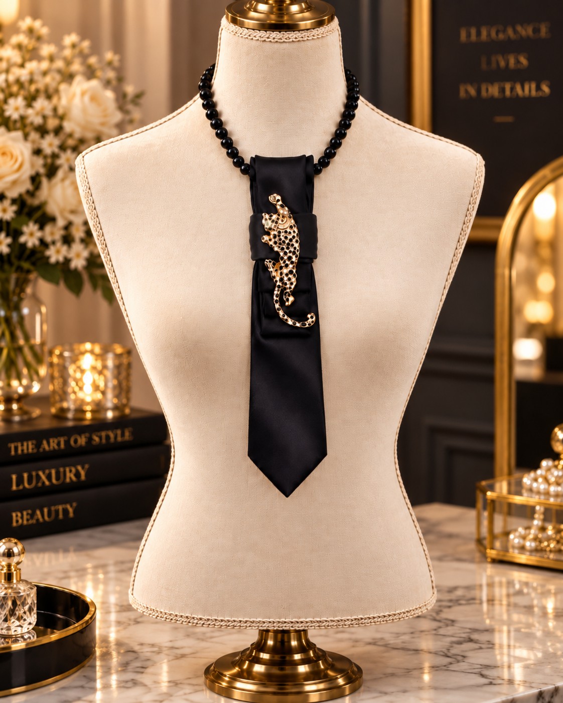 One of a kind handgemaakte stropdasketting panter| Statement tie neck… - 151655 One of a kind handgemaakte stropdasketting panter| Statement tie necklace | Upcycled tie jewelry