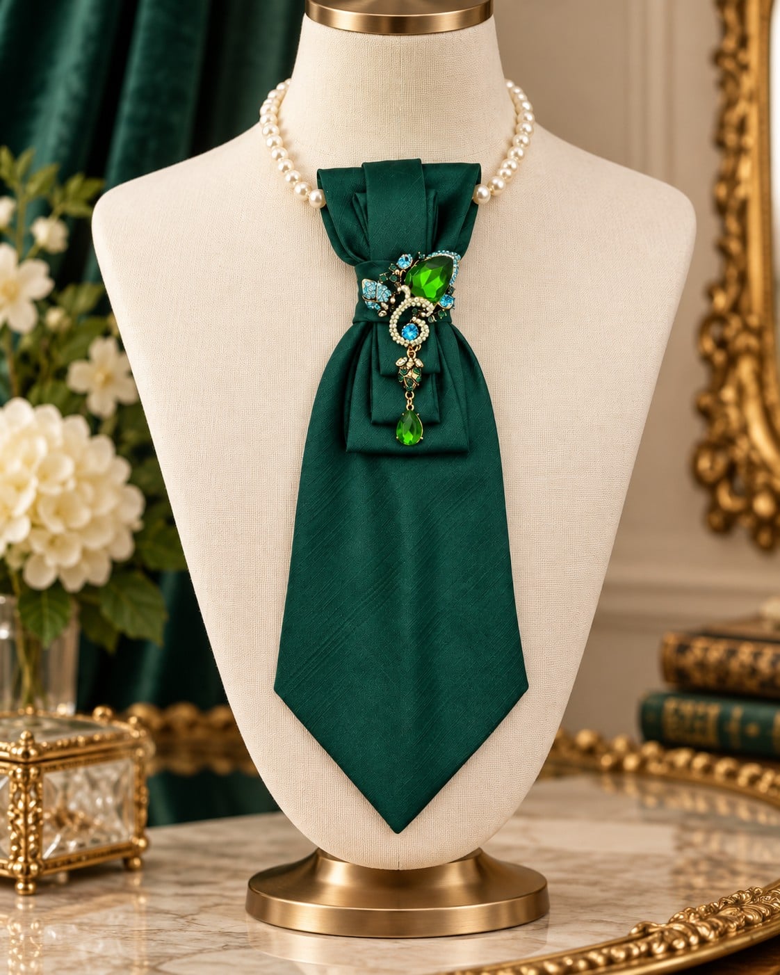 Stropdas ketting groen - Charming Tie necklace -Stropdas met broche e… - 152032 Stropdas ketting groen - Charming Tie necklace -Stropdas met broche en parelketting