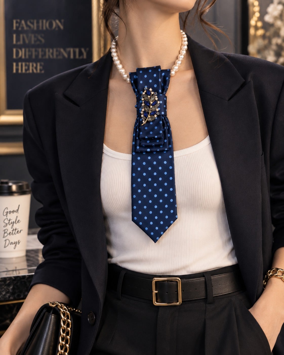 Elegante blauwe stropdas ketting met broche – handgemaakt dames sieraad