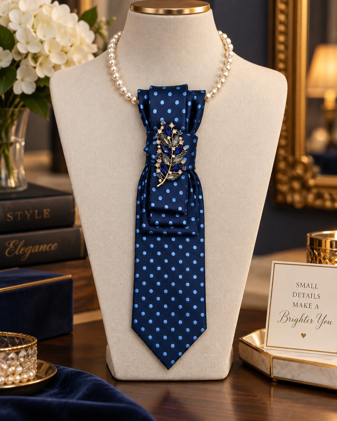 Elegante blauwe stropdas ketting met broche – handgemaakt dames sieraad