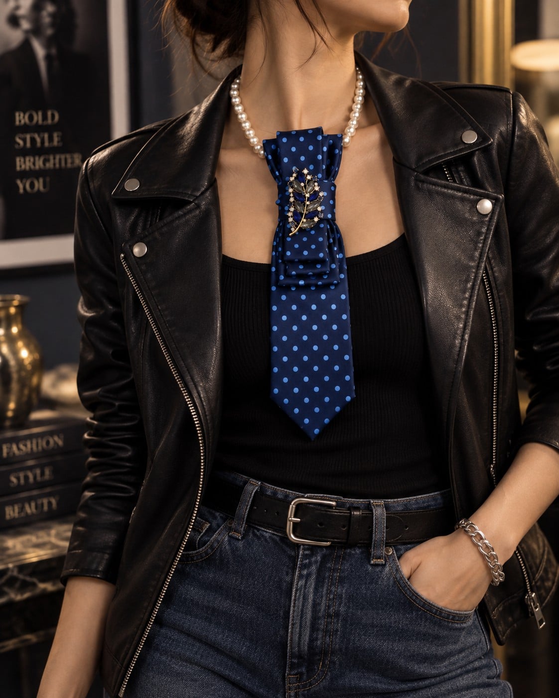 Elegante blauwe stropdas ketting met broche – handgemaakt dames sieraad