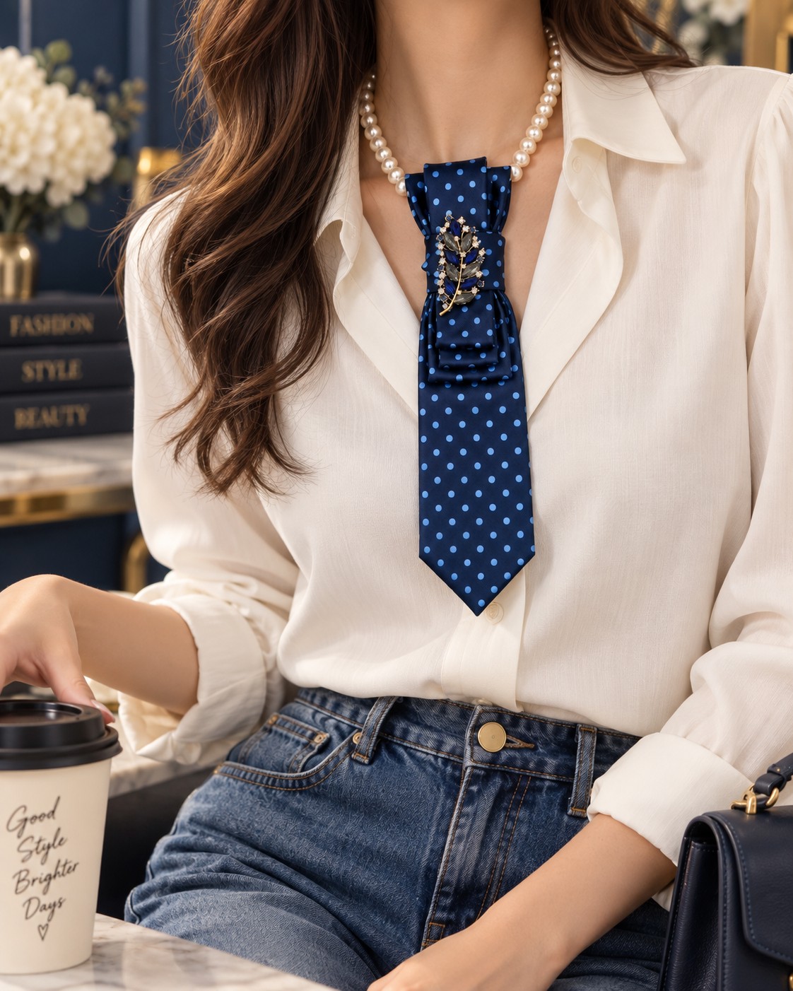 Elegante blauwe stropdas ketting met broche – handgemaakt dames sieraad