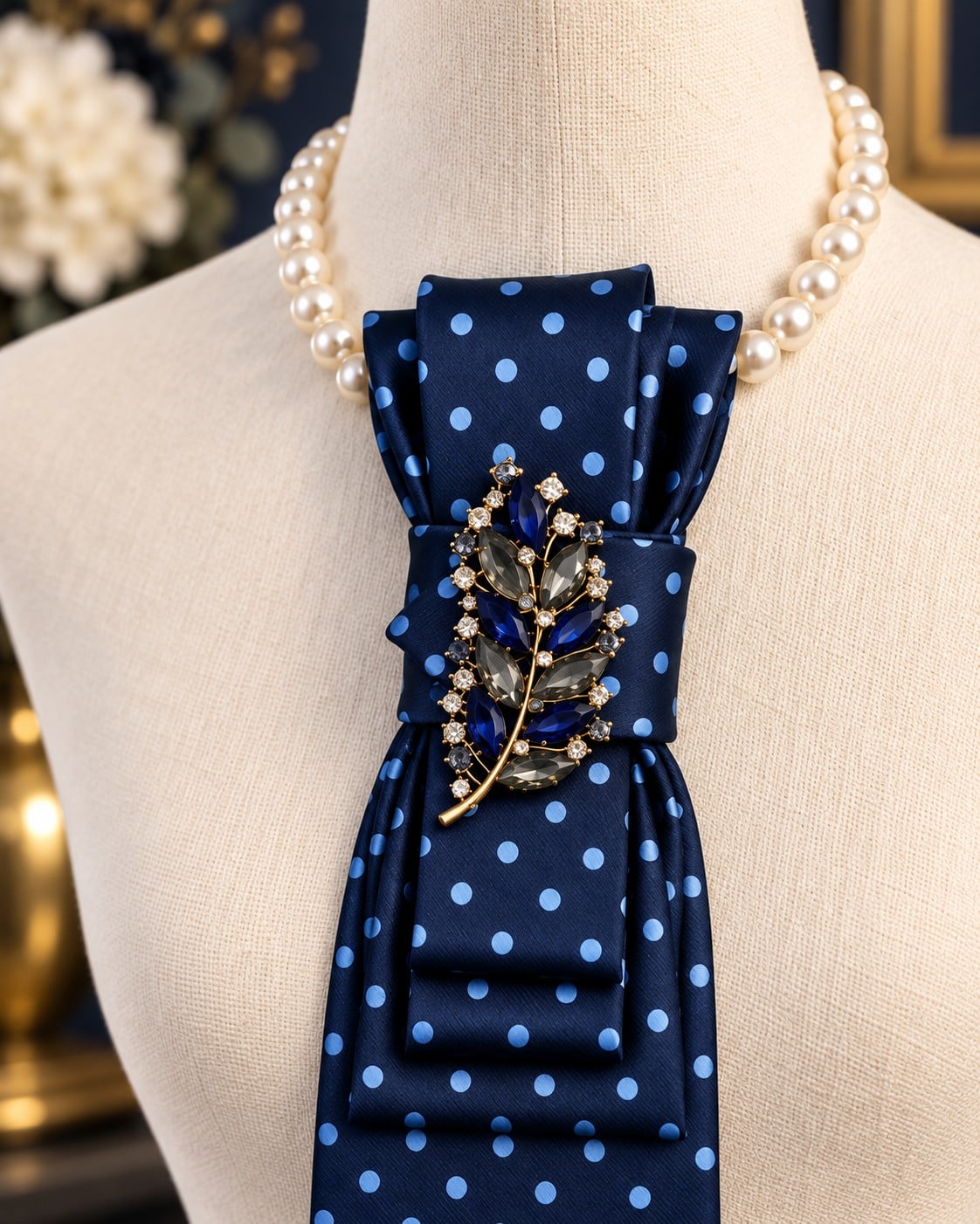 Elegante blauwe stropdas ketting met broche – handgemaakt dames sieraad