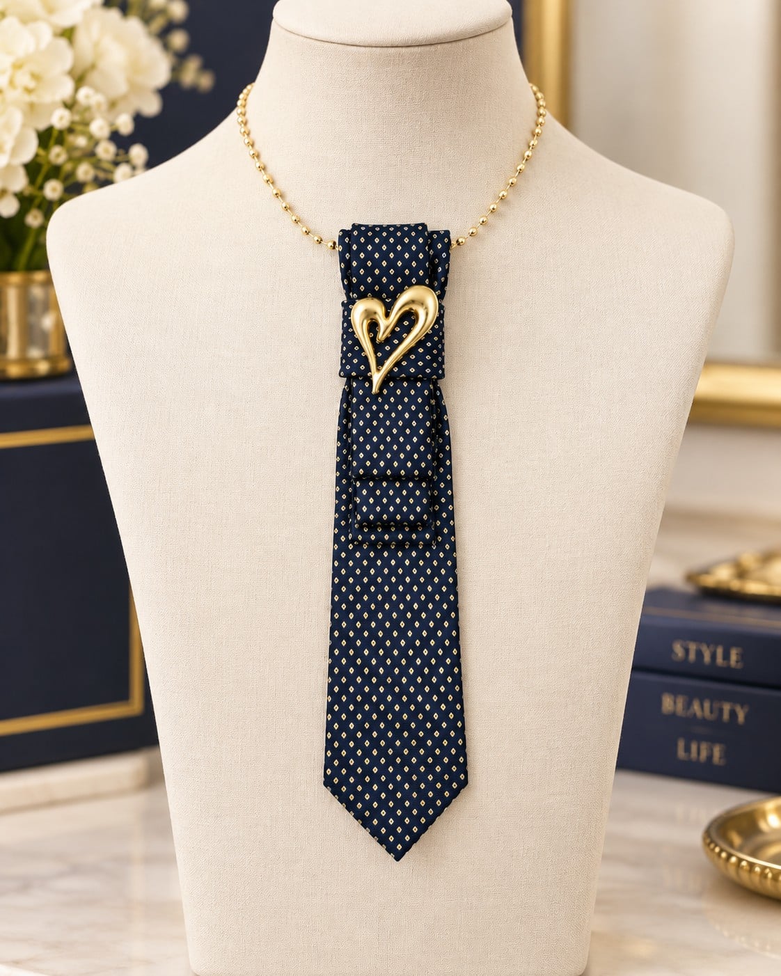 Statement ketting blauw met hart– unieke stropdas met sierbroche en… - 152969 Statement ketting blauw met hart– unieke stropdas met sierbroche en parelketting