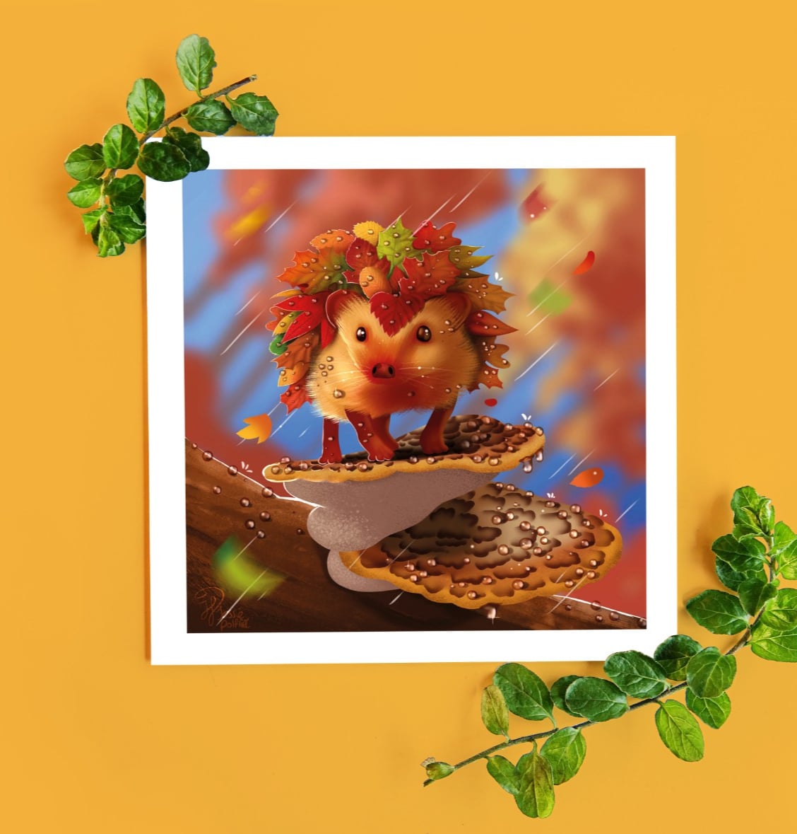 Herfst blad egel, gevouwen verjaardags kaart, 135x135mm - 154944 Herfst blad egel, gevouwen verjaardags kaart, 135x135mm