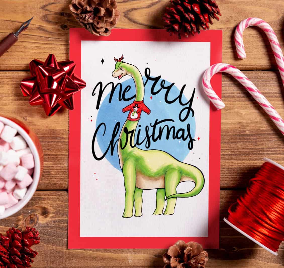 Merry Christmas dino en kersttrui kerstkaart A6 gevouwen - 156413 Merry Christmas dino en kersttrui kerstkaart A6 gevouwen