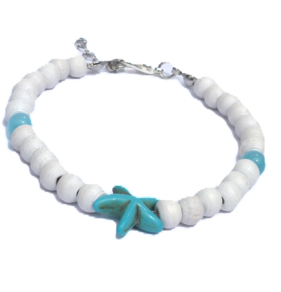 Armband met houten kralen, turquoise tijgeroog, turquoise zeester. Ha… - 144701 Armband met houten kralen, turquoise tijgeroog, turquoise zeester. Handgemaakt polsband, boho chic, Ibiza strand sieraad, wit, blauw, bruin
