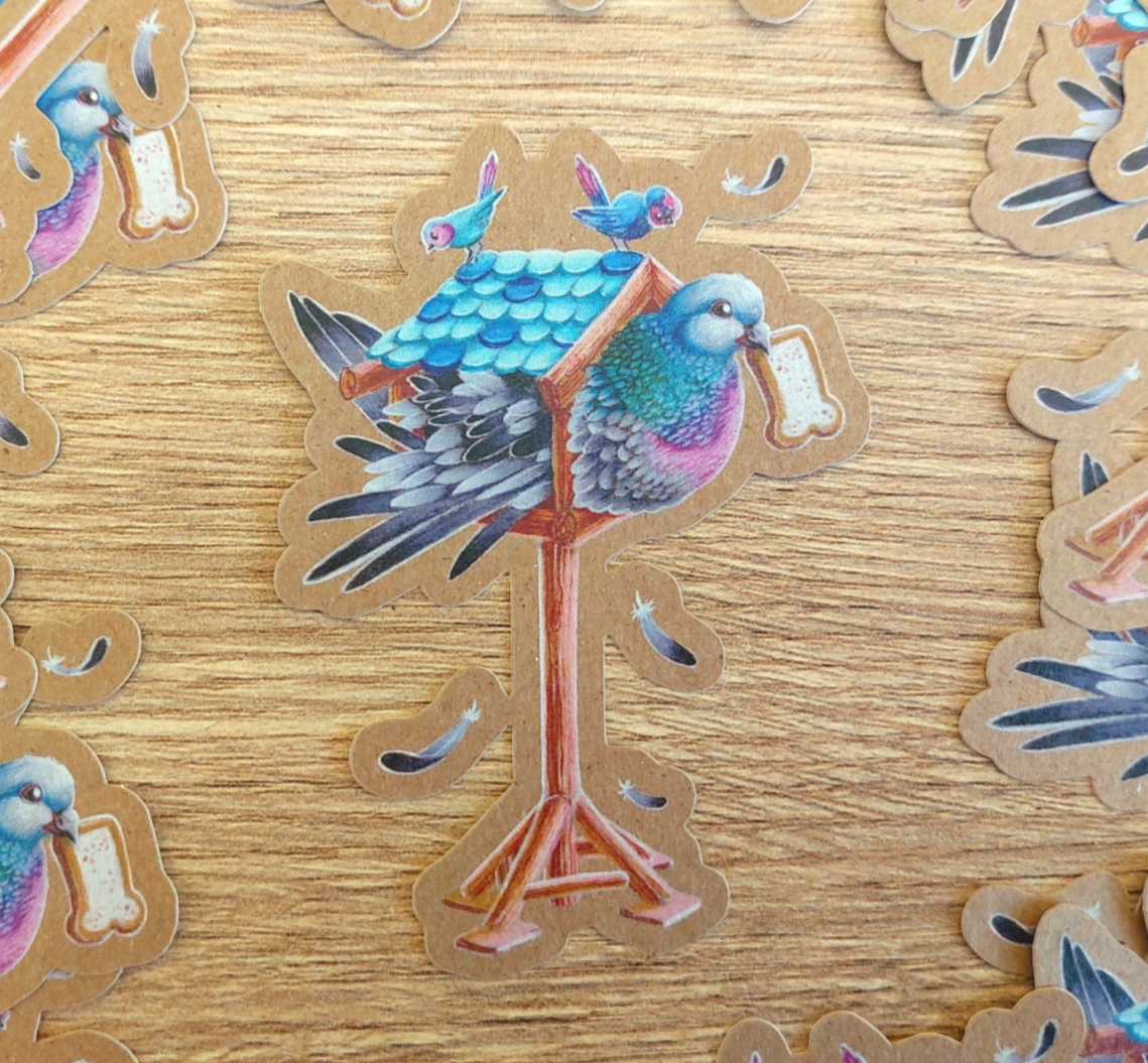 Duif in vogelhuisje kraftpapier sticker