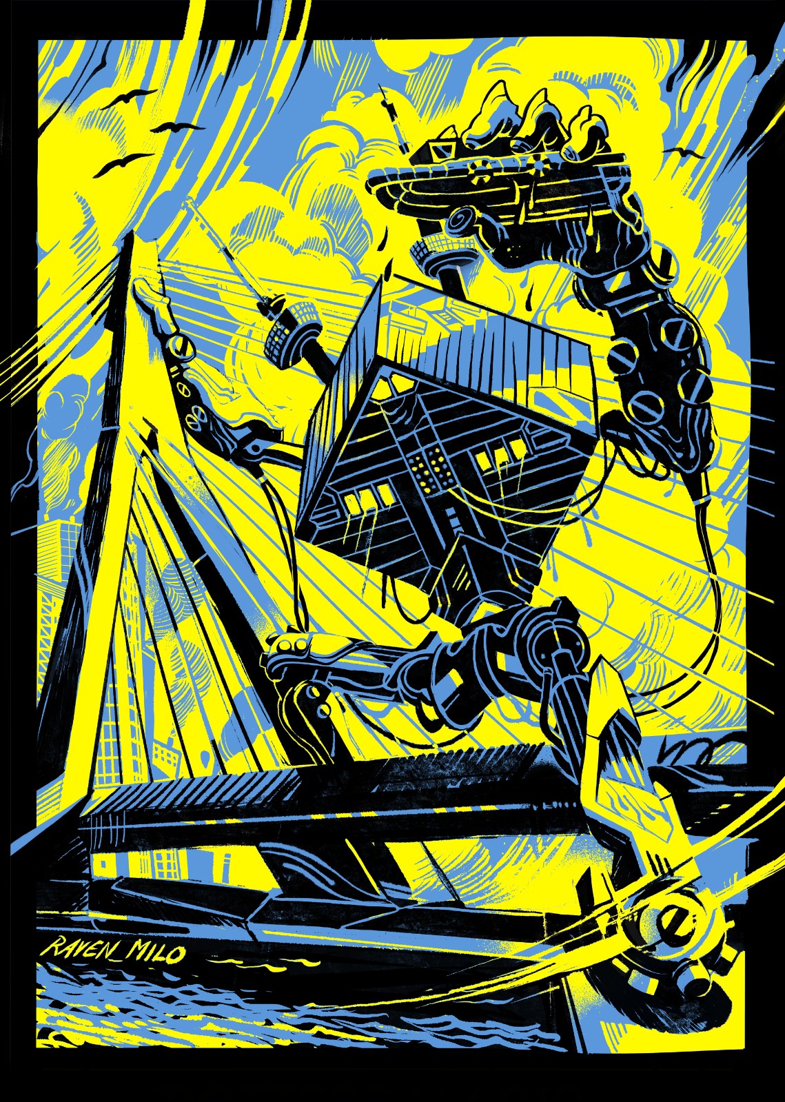 Kunstprint van Rotterdam met robot, Illustratie wanddecoratie op mat … - 109308 Kunstprint van Rotterdam met robot, Illustratie wanddecoratie op mat fine-art papier