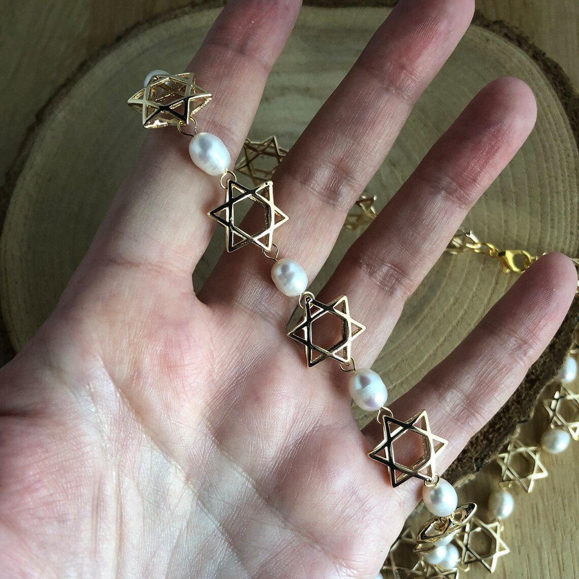 Herinnering & Hoop, Sieradenset van ketting, armband en oorbellen met Davidster en parels